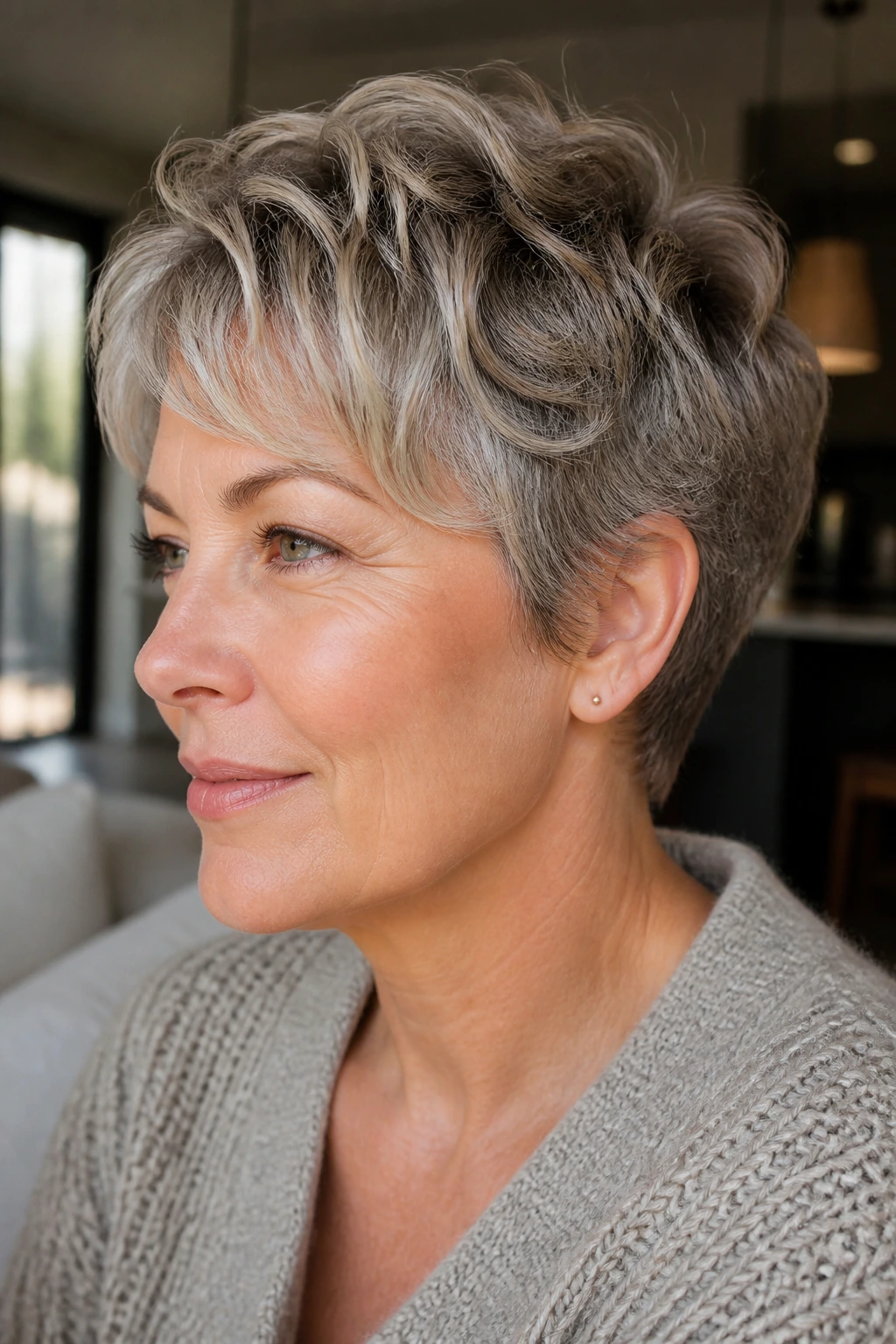 Close-up of a real woman with a soft razor bixie cut and face-framing texture