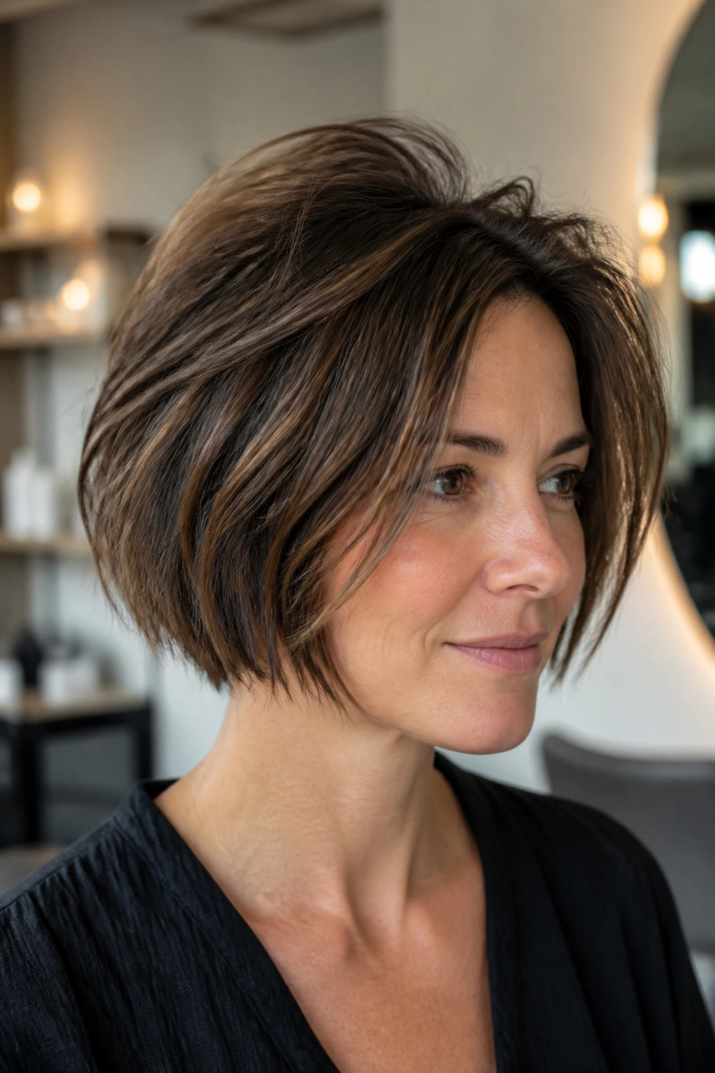 Close-up of a real woman with crown-lift razor bob in a salon