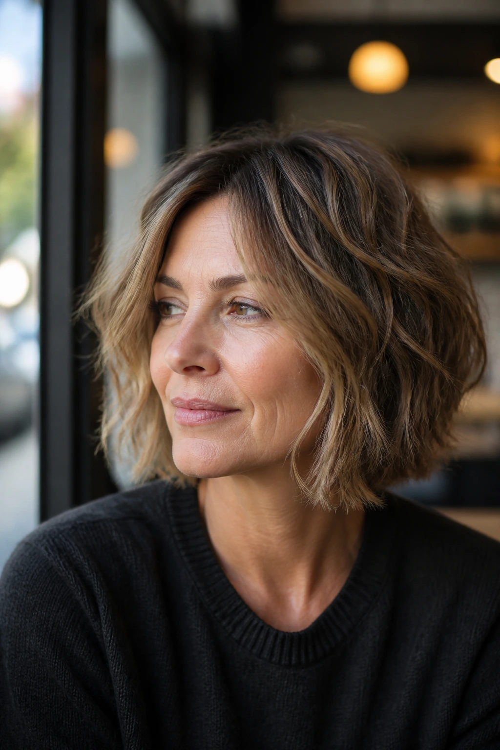 Real woman with razor-cut bob and piecey ends by a cafe window