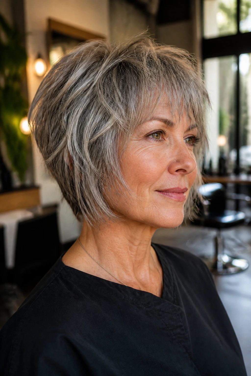 Close-up portrait of a real woman with razor bob shag broken edge in warm salon light