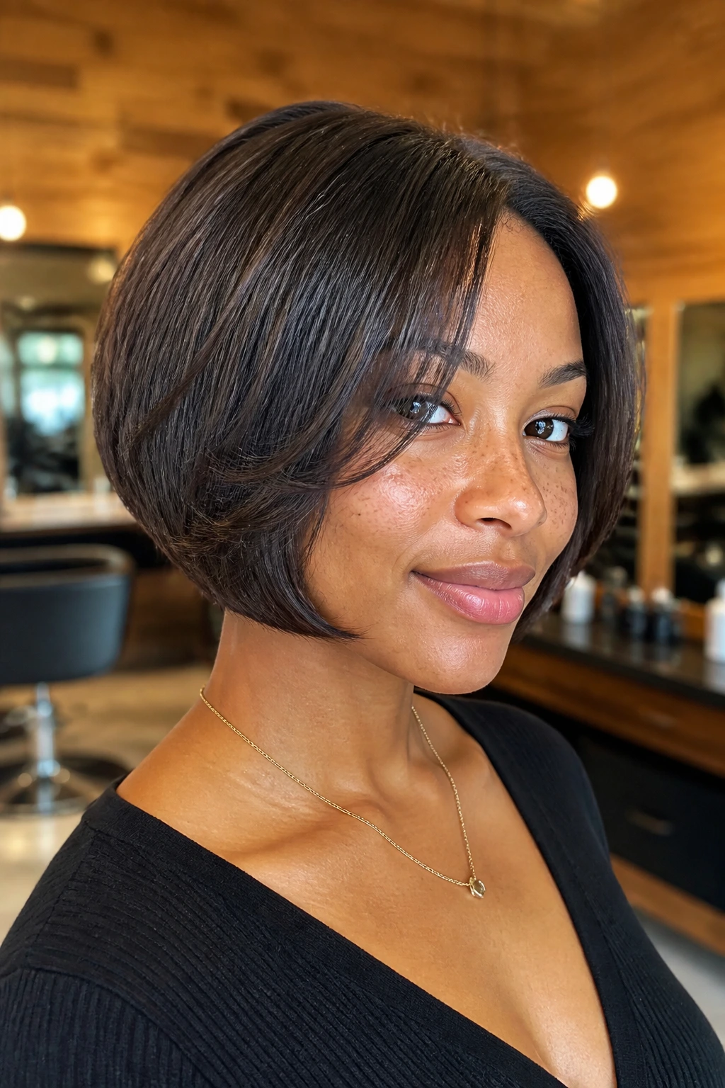 Close-up of a real woman with a razor-softened bob and fine hair texture in a warm salon.