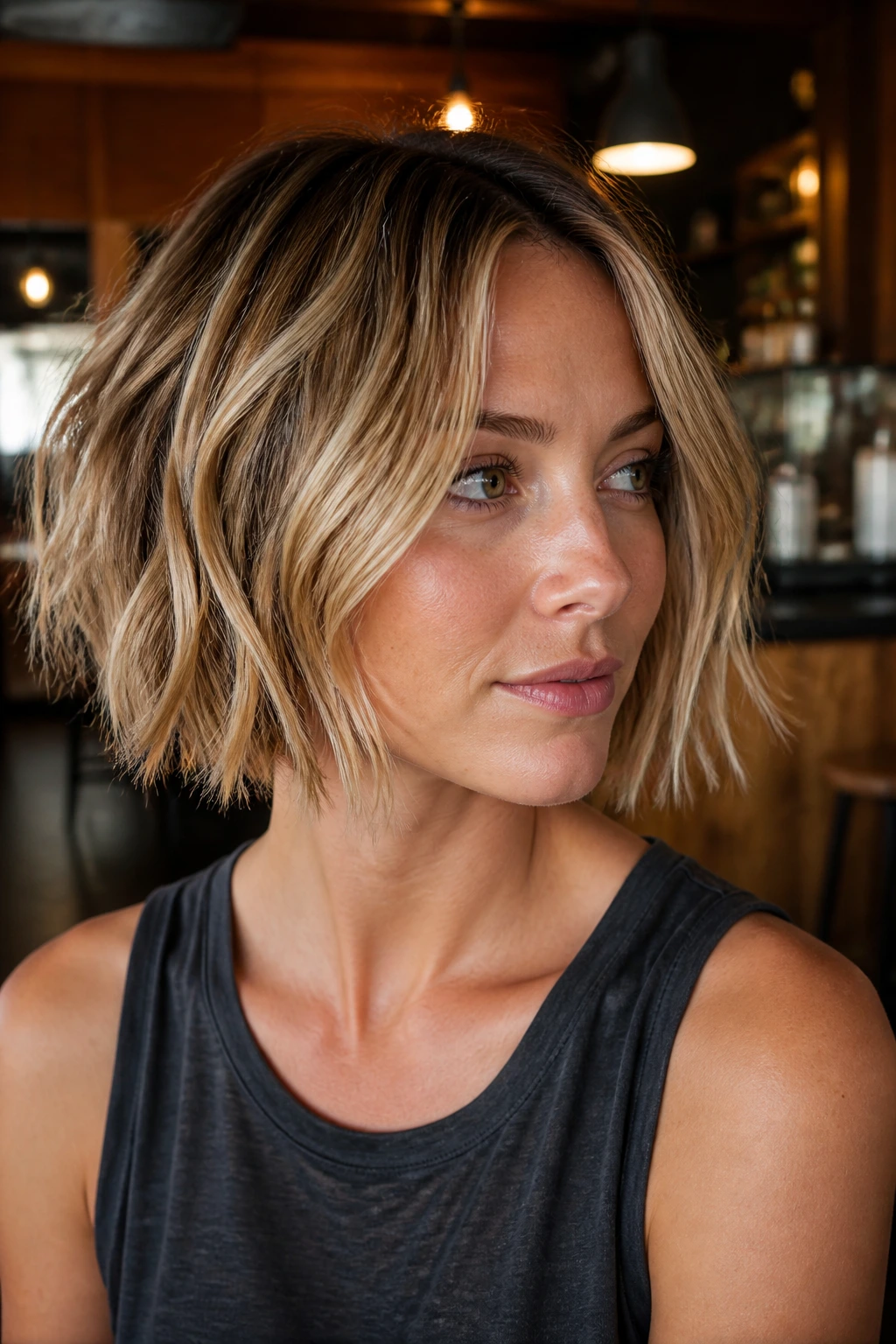 Close-up of a woman with a razor-chopped bob and piecey caramel ends