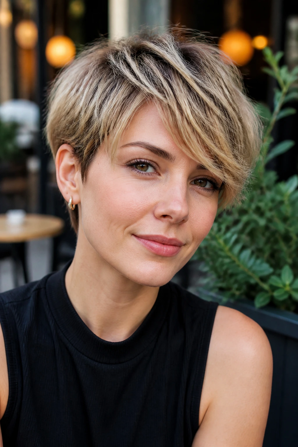 Close-up of a woman with a soft razor crop and sweepy bangs in an urban setting