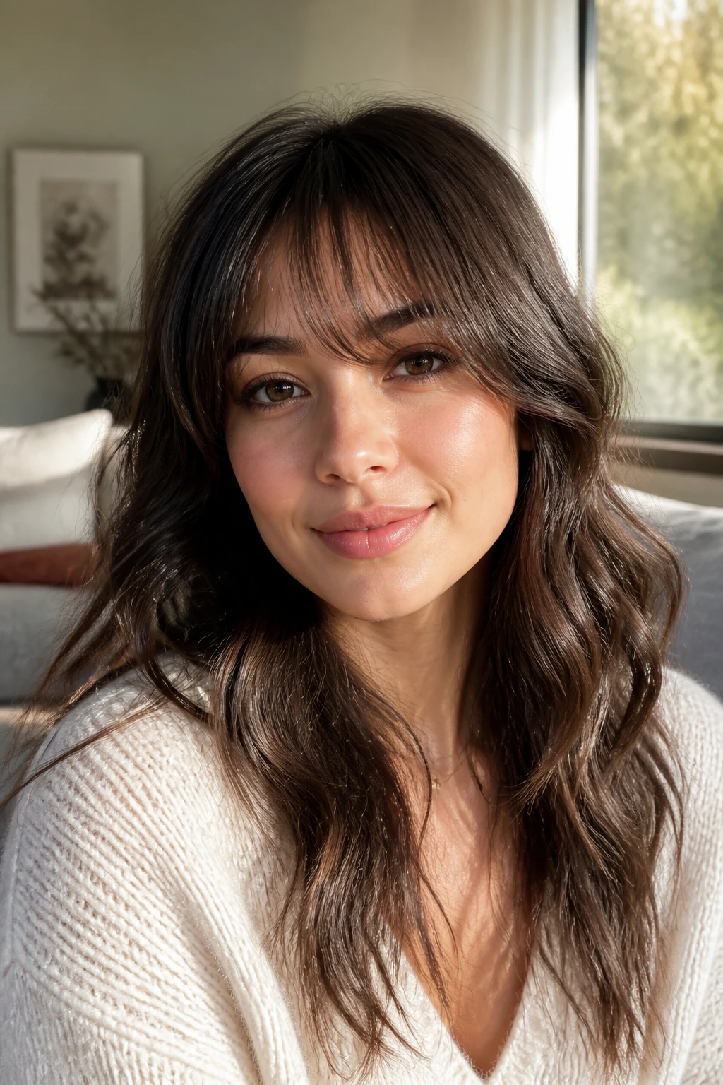 Close-up portrait of a real woman with soft razor curtain bangs in natural light