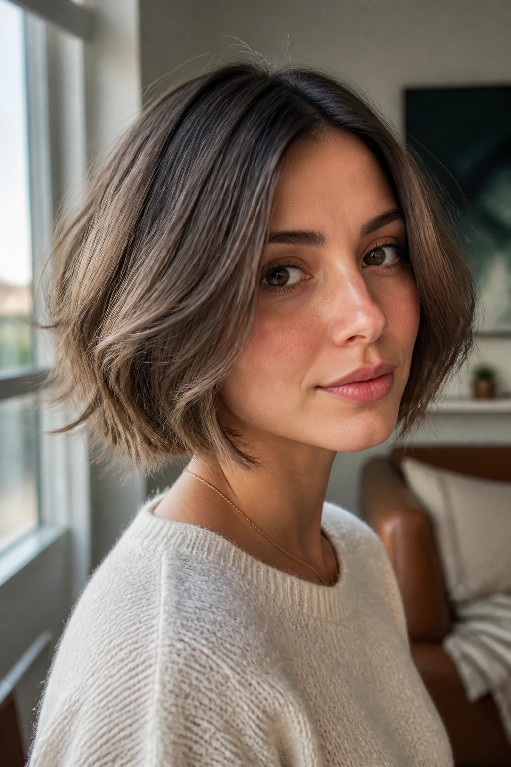 Close-up of a real woman with a razor-cut bob and airy feathered ends