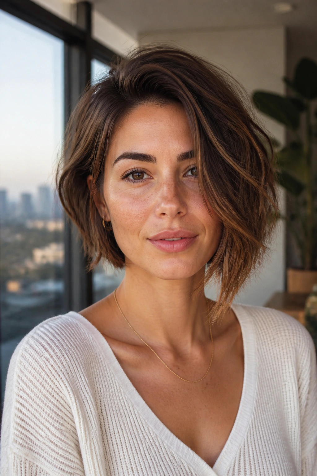 Close-up portrait of a real woman with razor-cut asymmetrical bob in natural light