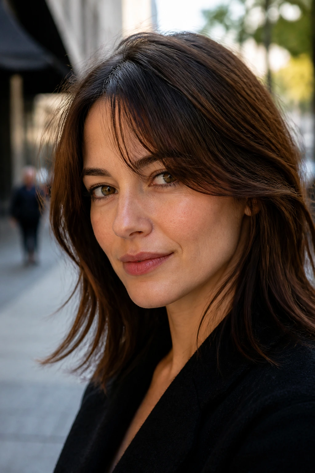 Real woman with razor-cut parted bangs under urban daylight