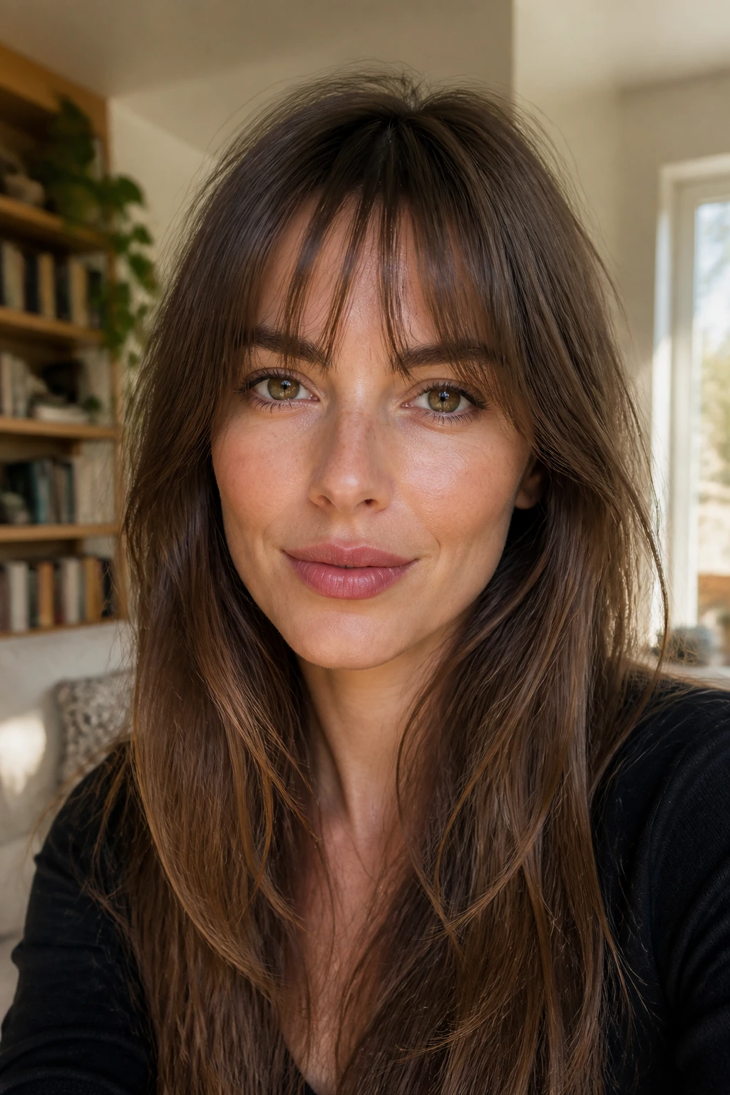 Close-up portrait of a real woman with razor-cut bangs and soft feathered ends in warm window light