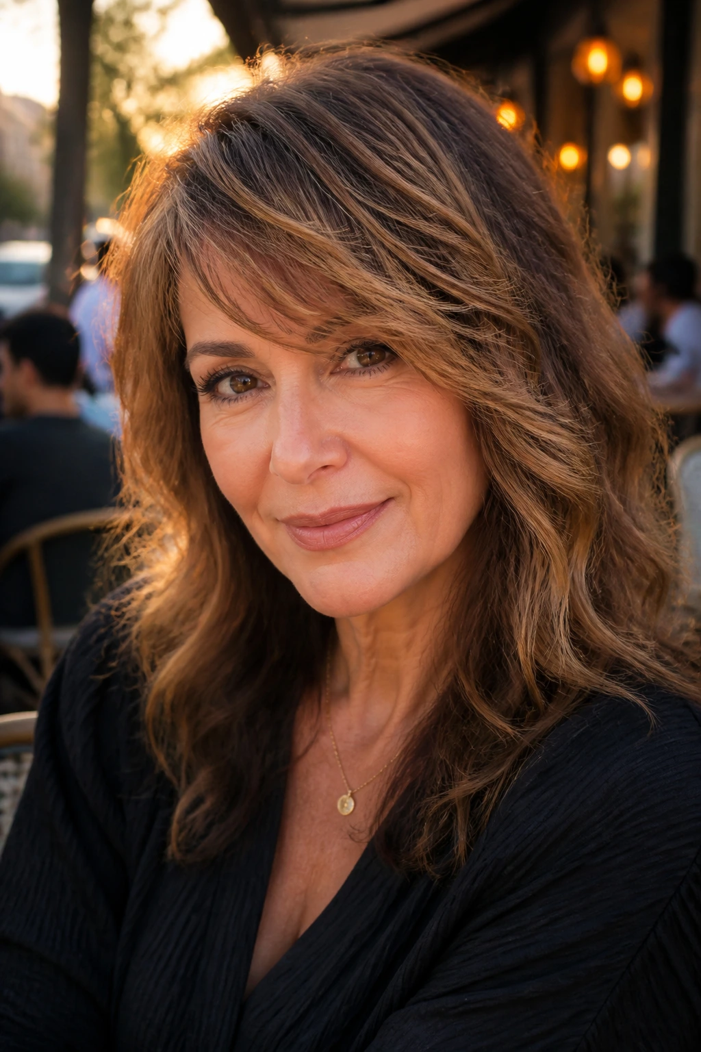 Close-up of a real woman with razor-cut swept bangs in golden hour light
