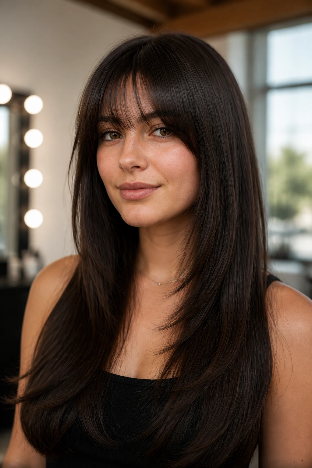 Real woman with razor-cut bangs for thick straight hair in daylight