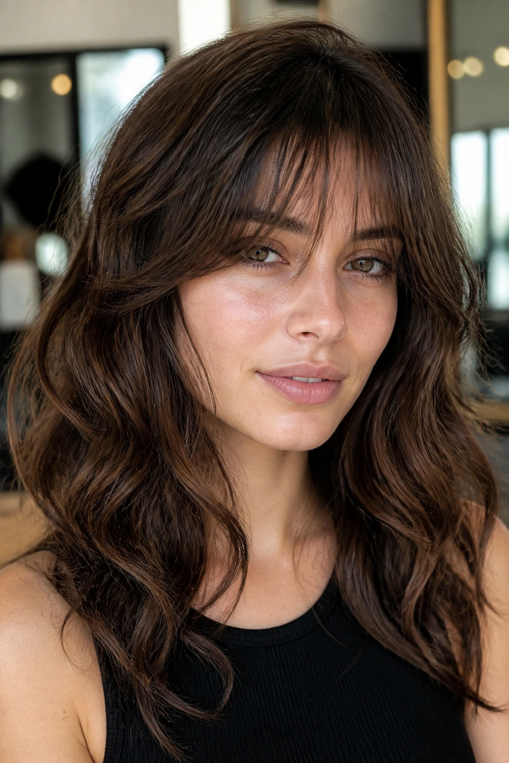 Close-up of razor-cut long bangs on a real woman with wavy hair in a salon setting