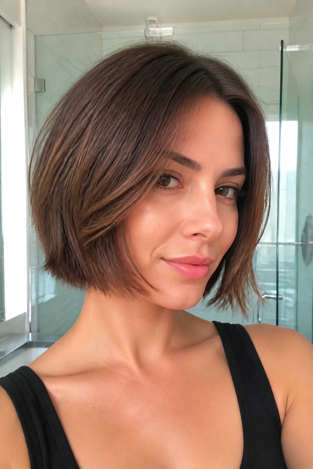 Chin-length razor bob on a real woman in bright bathroom light