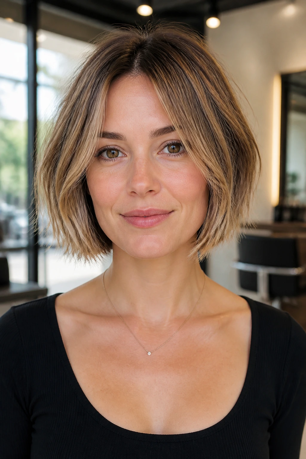 Close-up portrait of a real woman with a razor-cut bob