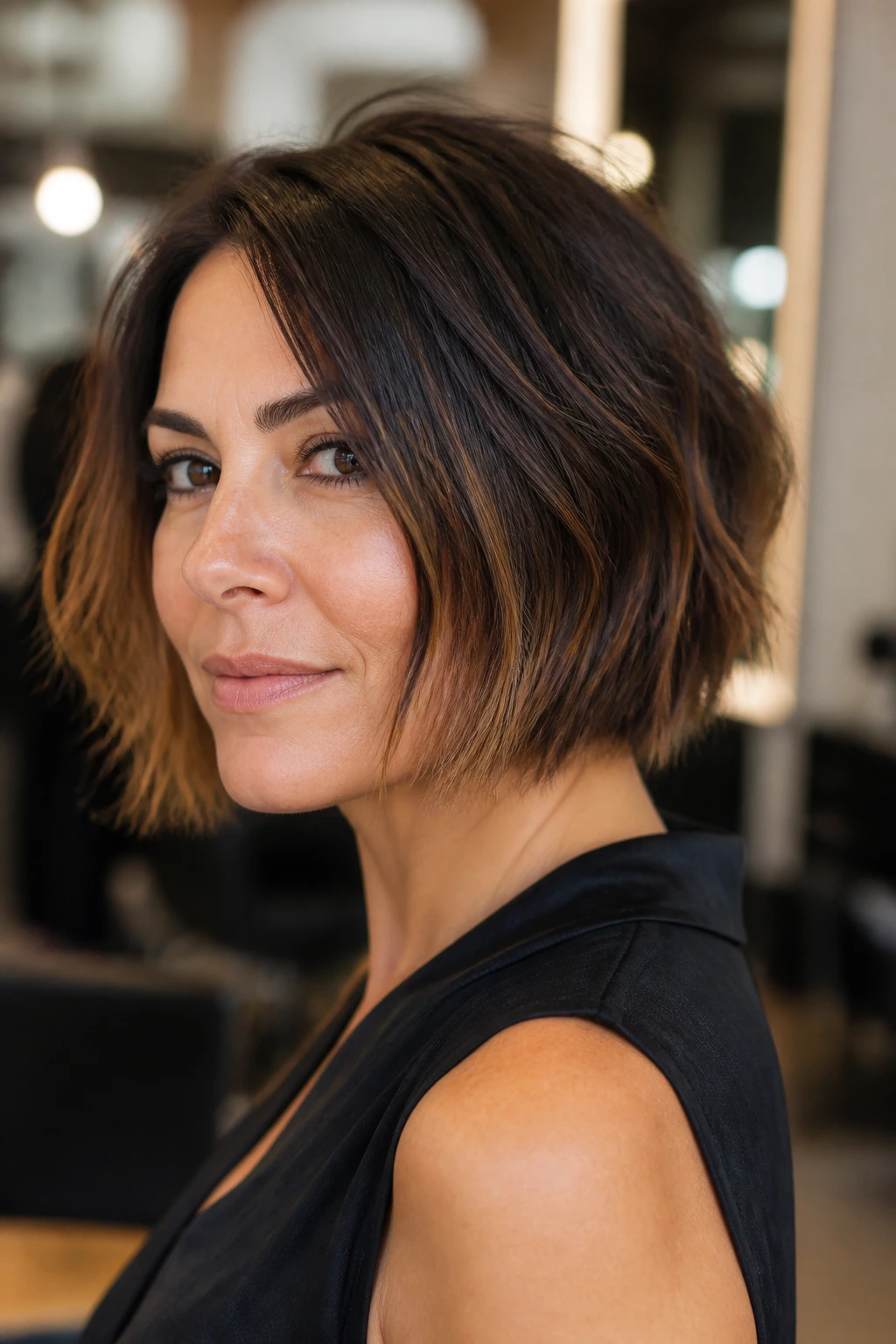 Close-up portrait of a real woman with a razor-cut bob and warm caramel ends in a salon setting