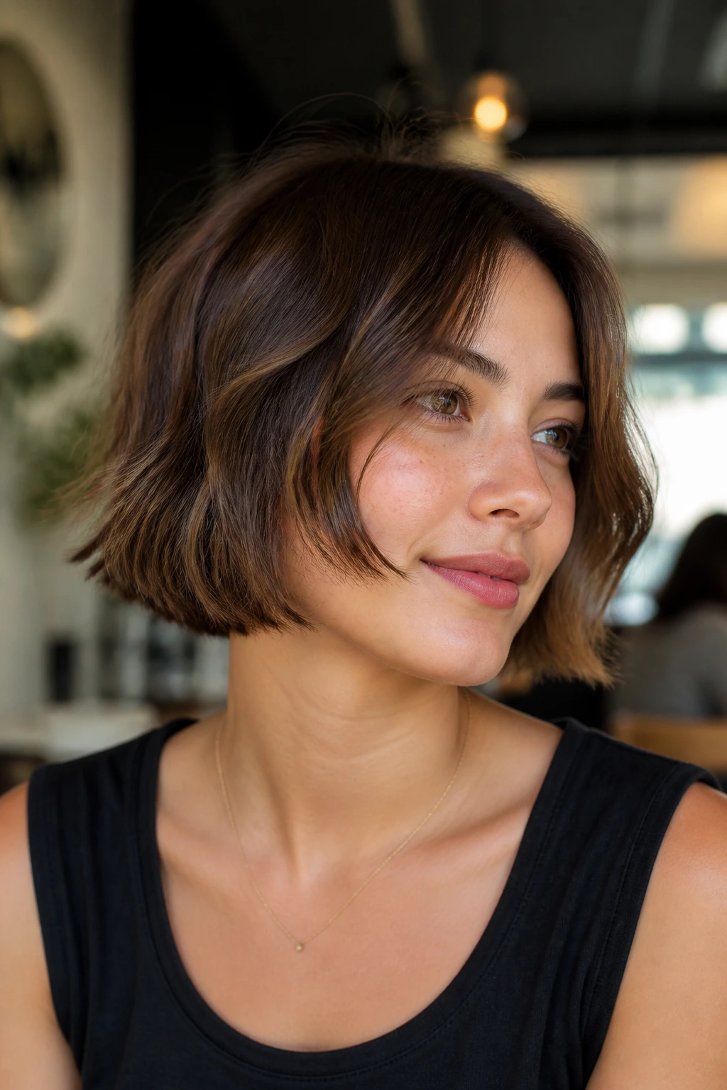 Portrait of a woman with razor-cut bob and cheekbone pieces