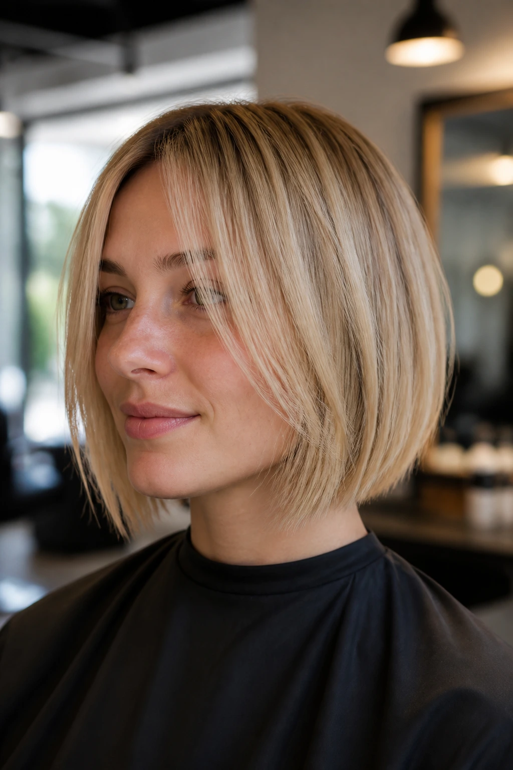 Close-up of a real woman with a razor-cut bob showing soft edges and movement.