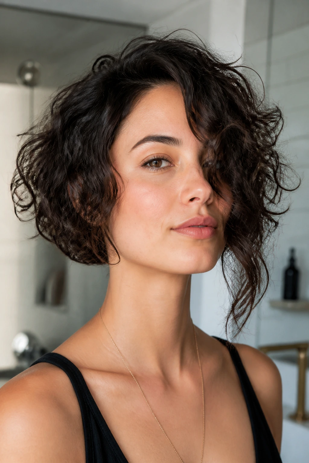 Portrait of real woman with airy razor-cut curly bob and long front panel