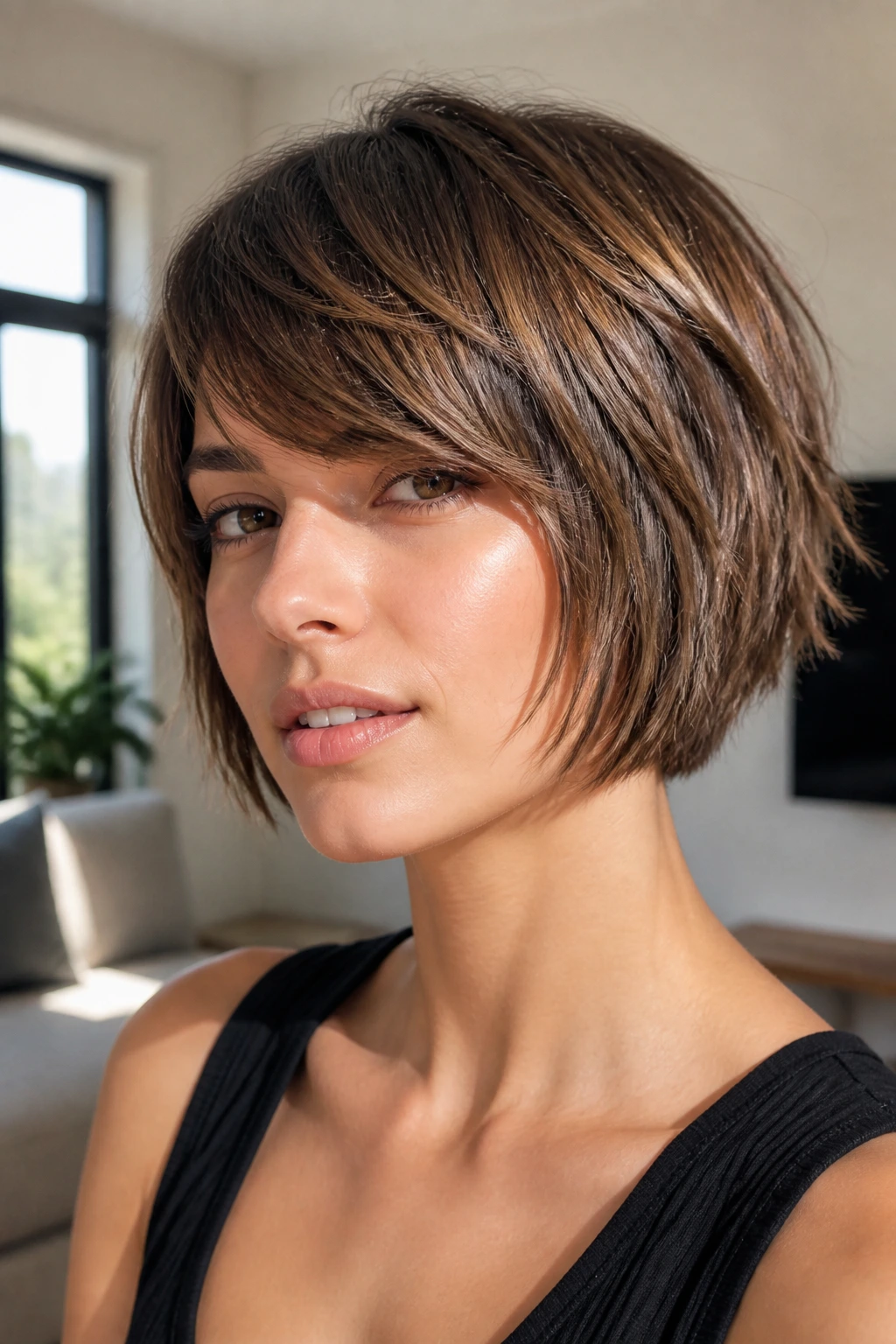 Close-up of a real woman with Razor-Cut Bob and Piecey Glow, defined pieces and subtle shine.