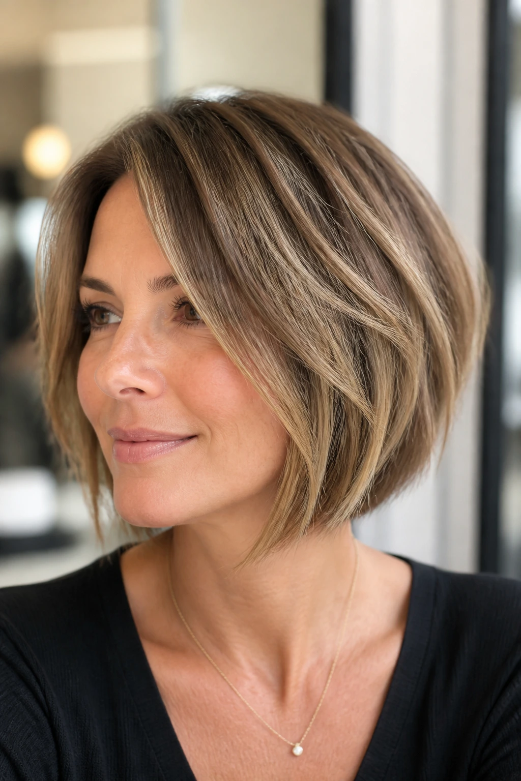 Close-up portrait of a real woman with a razor-cut bob showing airy internal layers in soft salon light