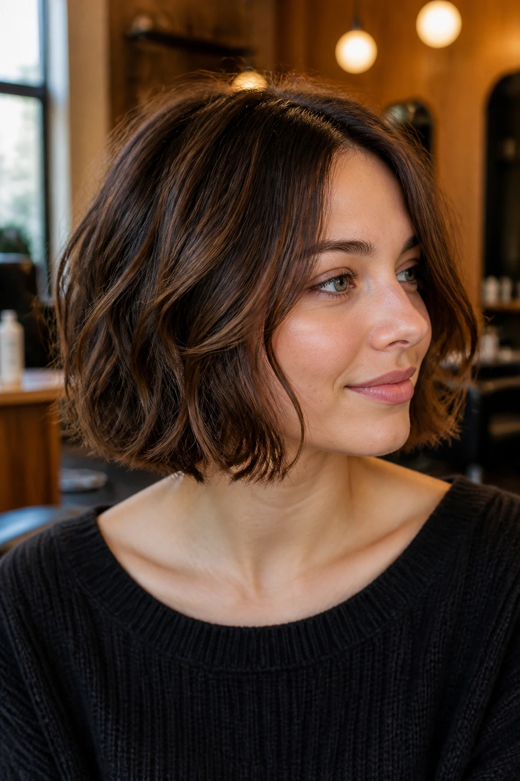 Close-up portrait of a real woman with a razor-cut bob and loose movement in warm salon light