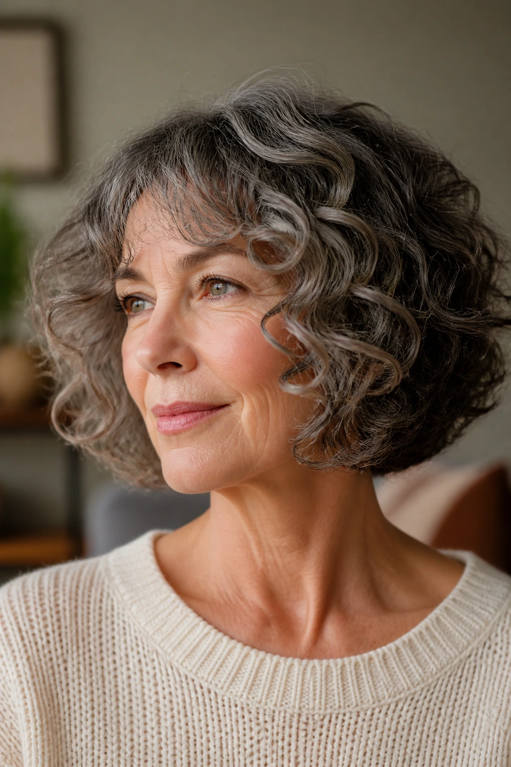 Close-up of a real woman with a razor-cut bob and loose ringlets