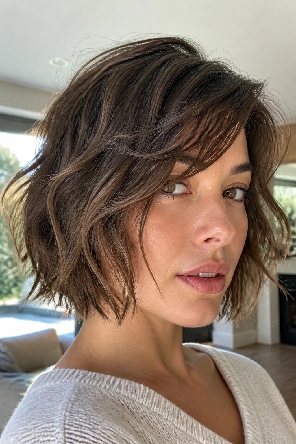 Close-up of a real woman with razor-cut bob and piecey ends in bright window light