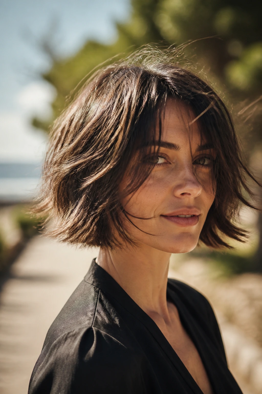 Close-up portrait of a real woman with razor-cut bob and piecey ends in natural light