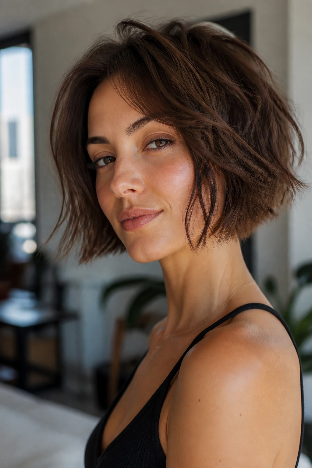 Close-up of a real woman with a razor-cut bob and piecey ends in a chic apartment