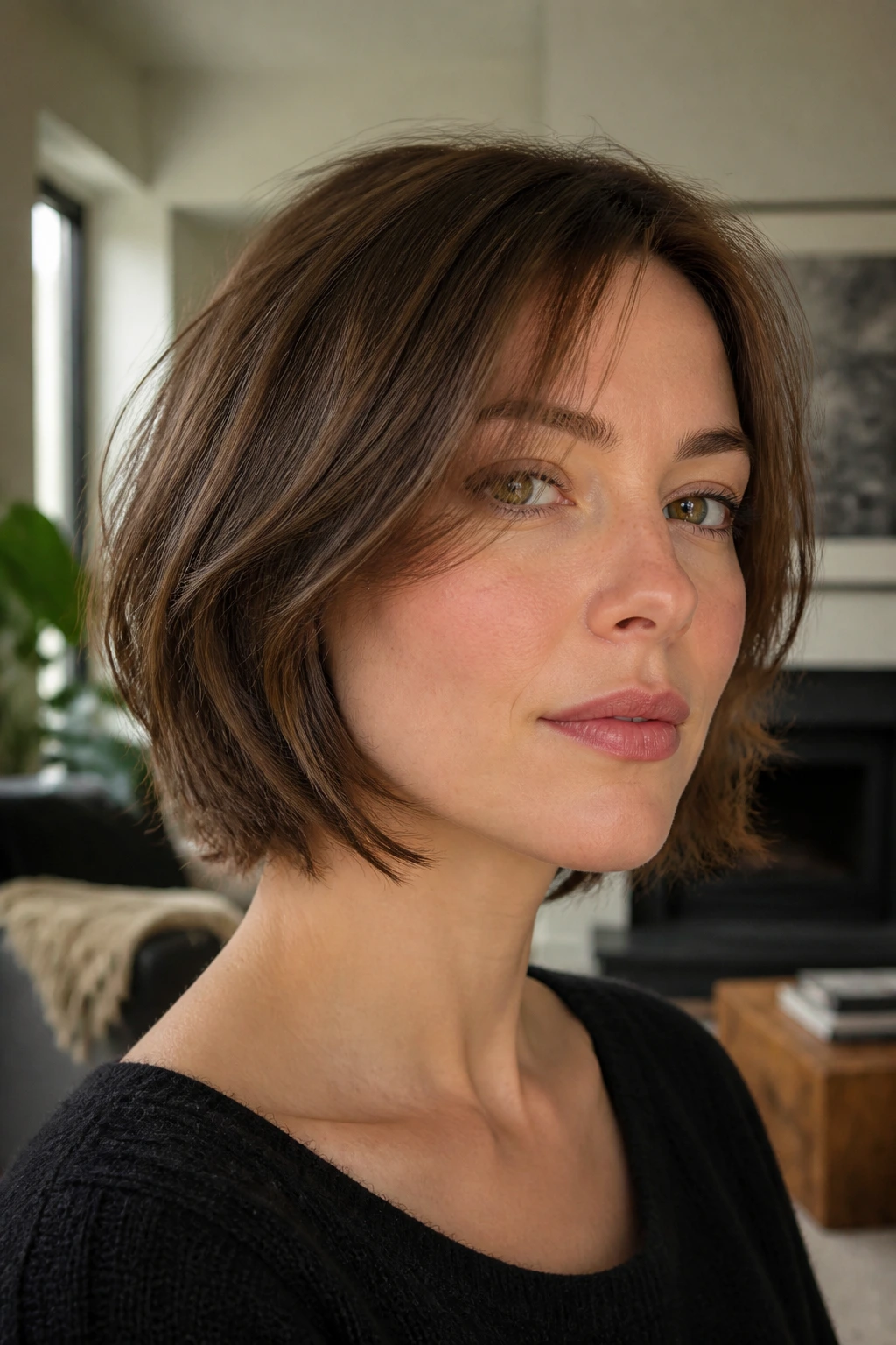 Portrait of a real woman with razor-cut boyfriend bob featuring soft edges