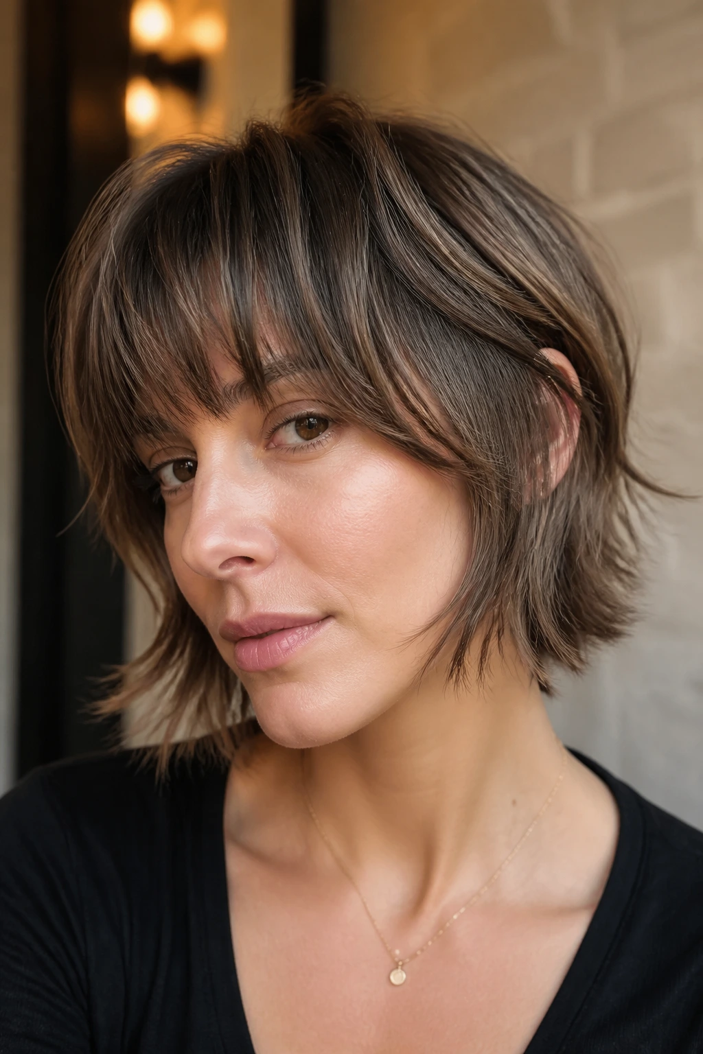 Portrait of a real person with a razor-cut bob shag and airy ends