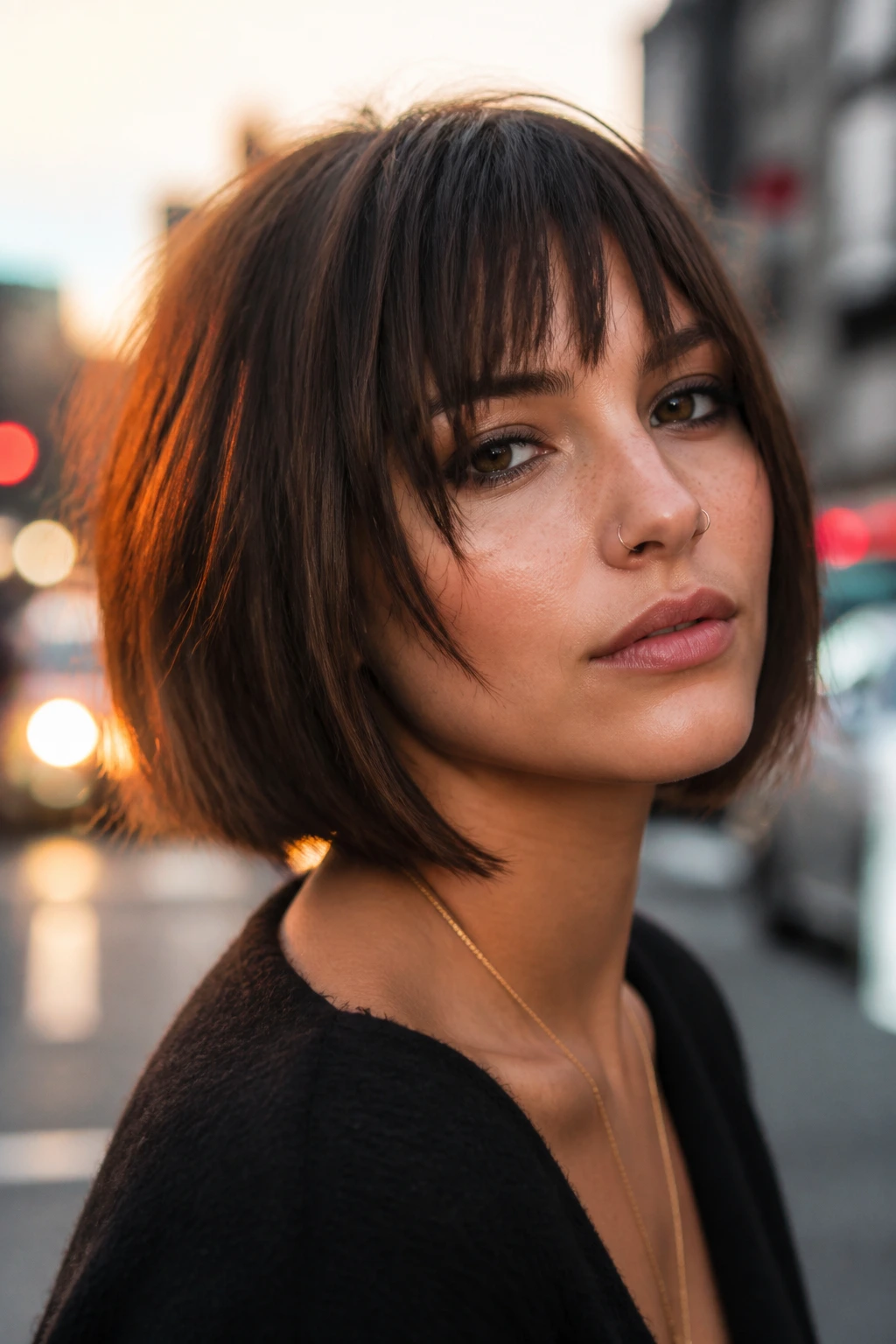 Close-up portrait of a real woman with razor-cut A-line bob and shattered bangs