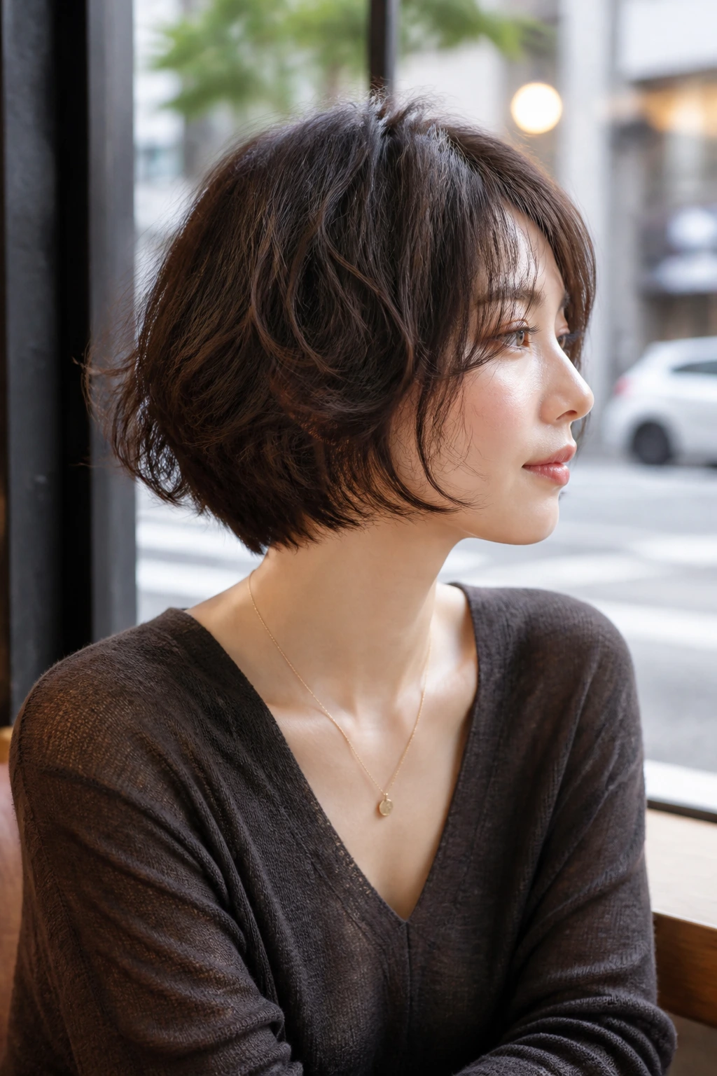Real woman with razor-cut bob and soft edges in cafe daylight