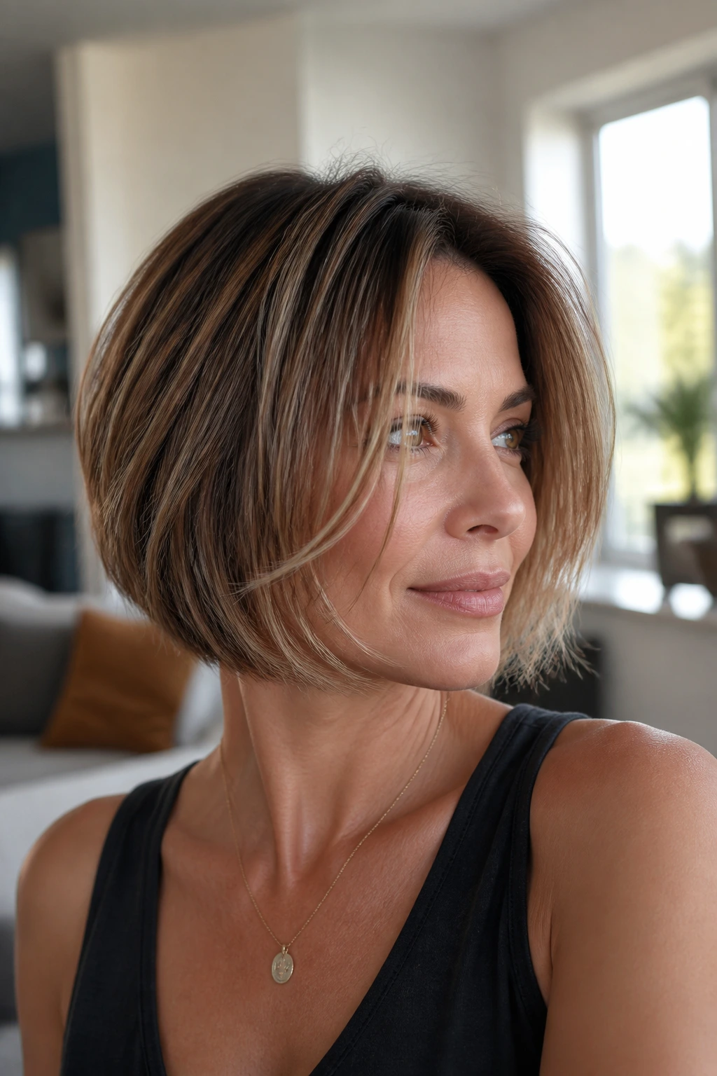 Close-up of a real woman with a razor-cut bob and tapered ends