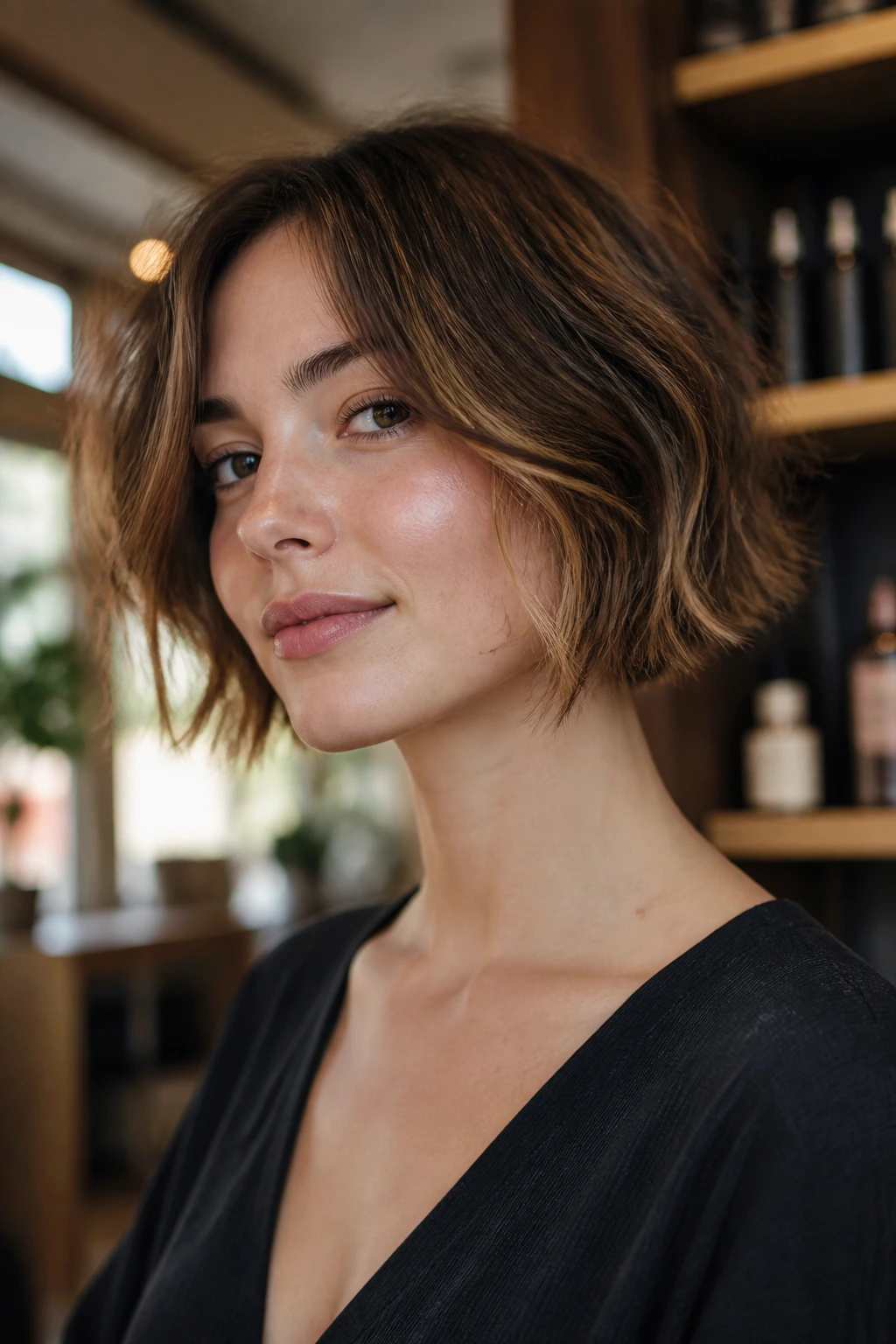 Close-up portrait of a real woman with a razor-cut bob showing textured, lived-in ends in warm window light