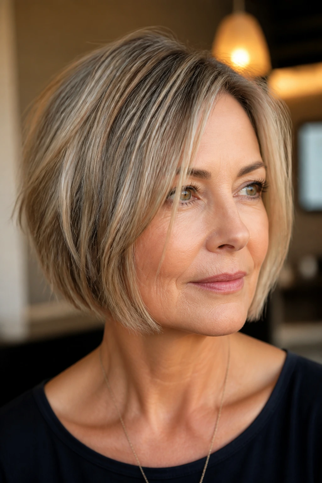 Real woman with piecey razor-cut bob showing texture