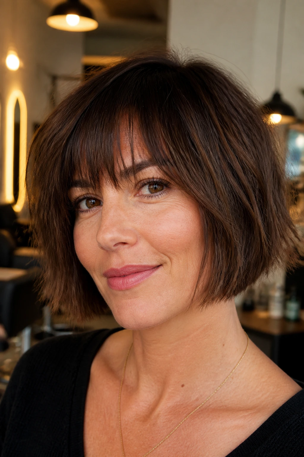 Close-up portrait of a real woman with a razor-cut textured bob.