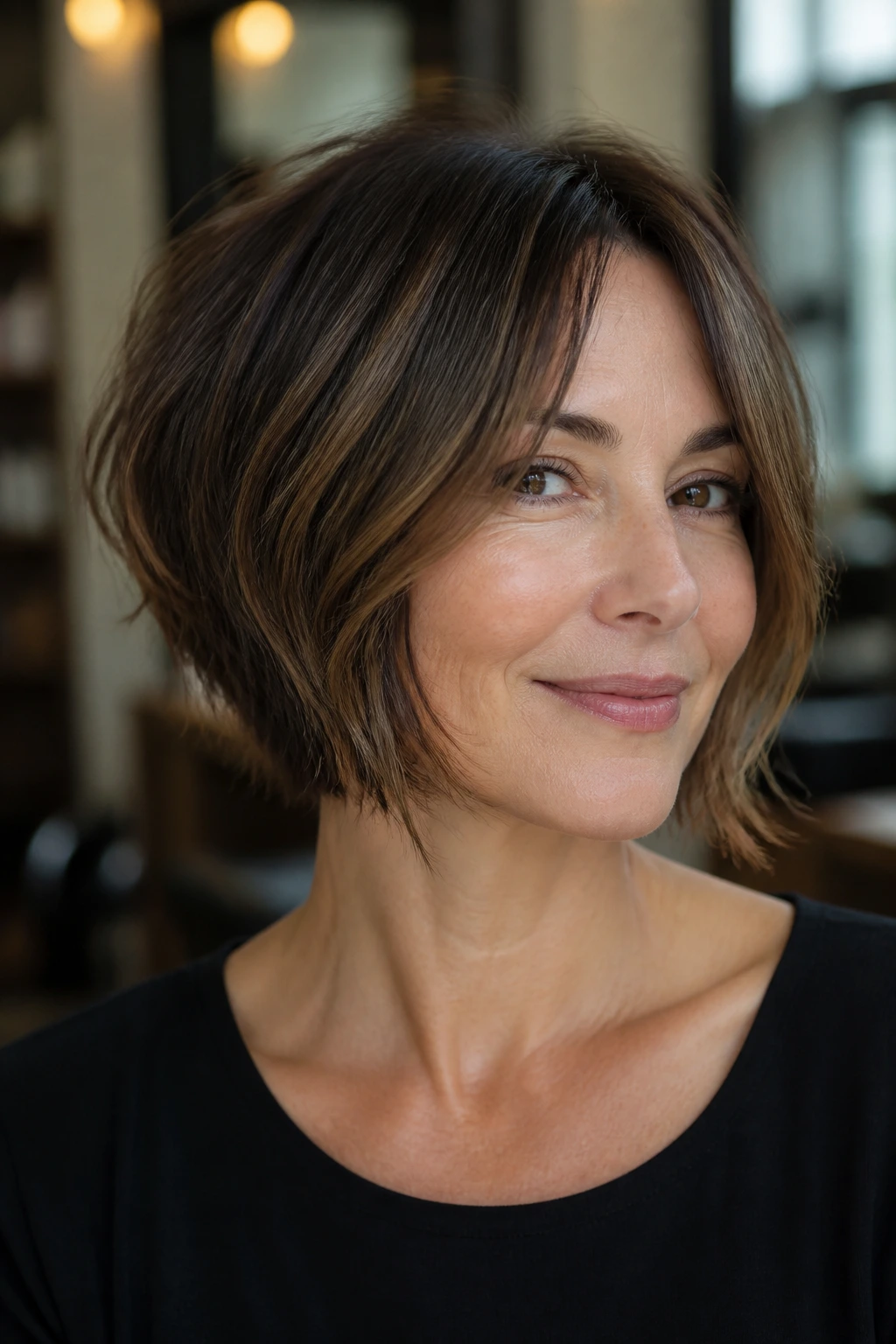 Close-up portrait of a real woman with a razor-cut bob and wispy ends in a warm salon