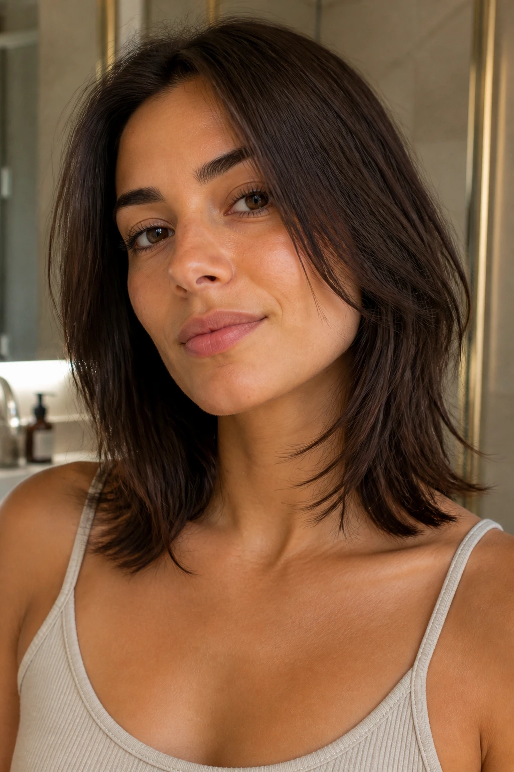 Close-up of a real woman with razor-cut brunette mid-length hairstyle on olive skin, crisp edge and movement