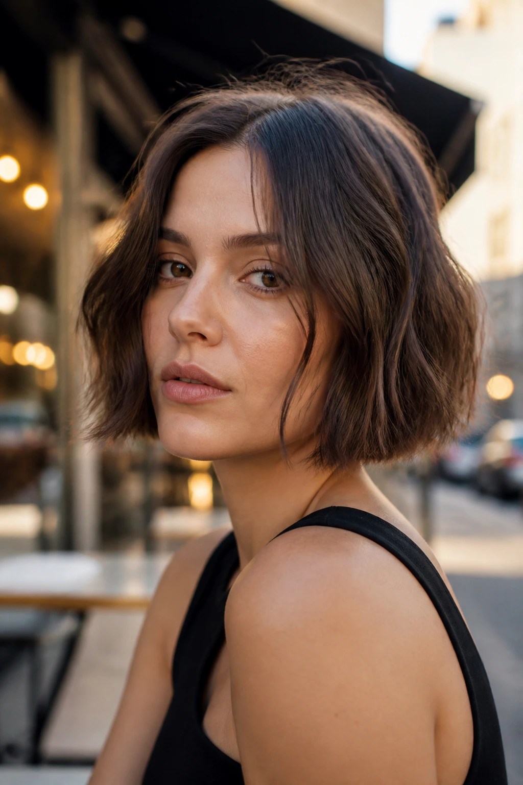 Real woman with razor-cut chin bob and textured ends