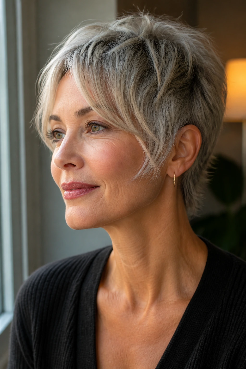 Close-up portrait of a woman with razor-cut crop and cheekbone bangs