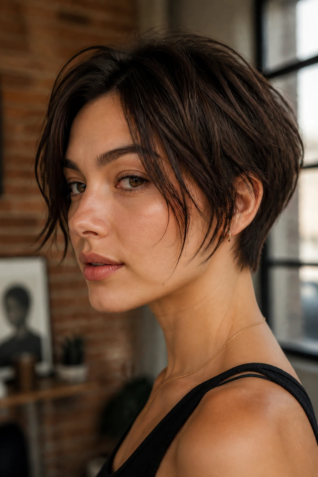 Close-up of a real woman with razor-cut crop and piecey sides