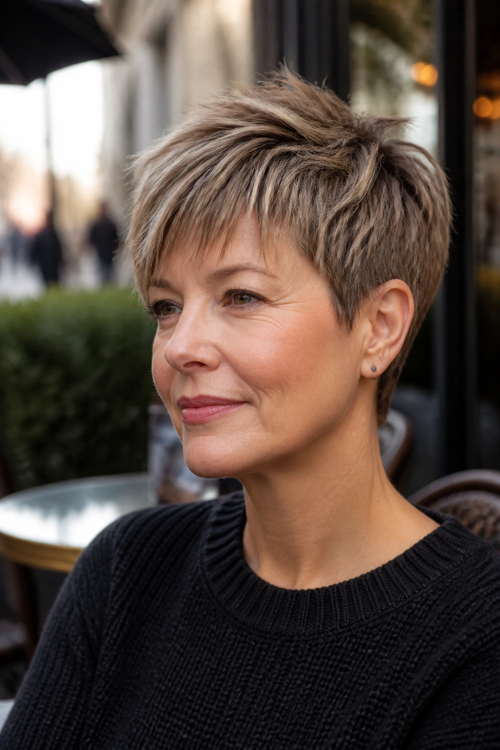 Portrait of a real person with razor-cut crop in daylight cafe