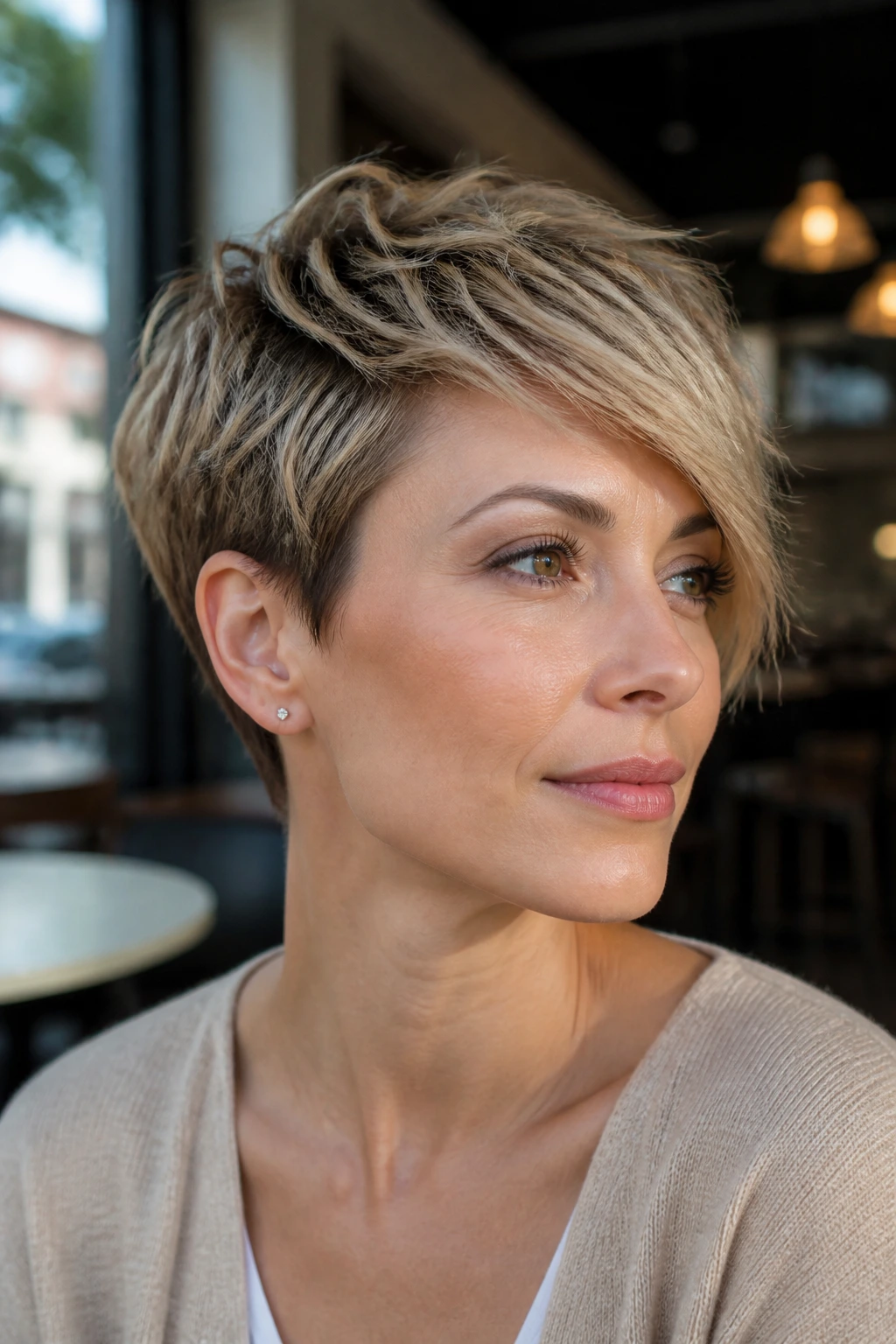 Close-up of a woman with a razor-cut crop and side-swept fringe.