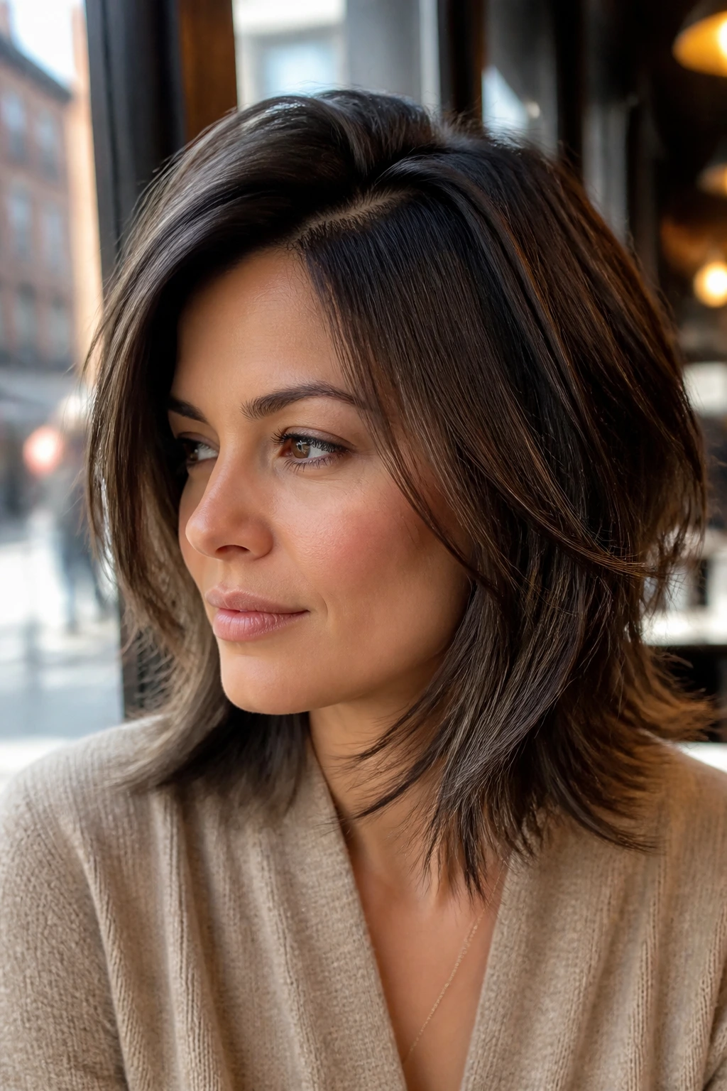 Close-up portrait of a real person with razor-cut layers and a deep side part.