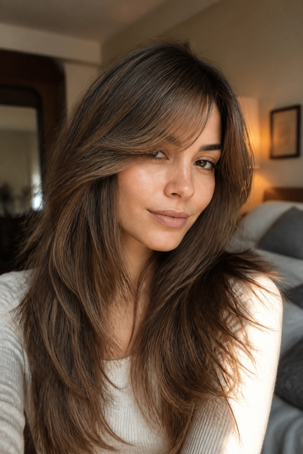 Real person with razor-cut ends and feathery sweep