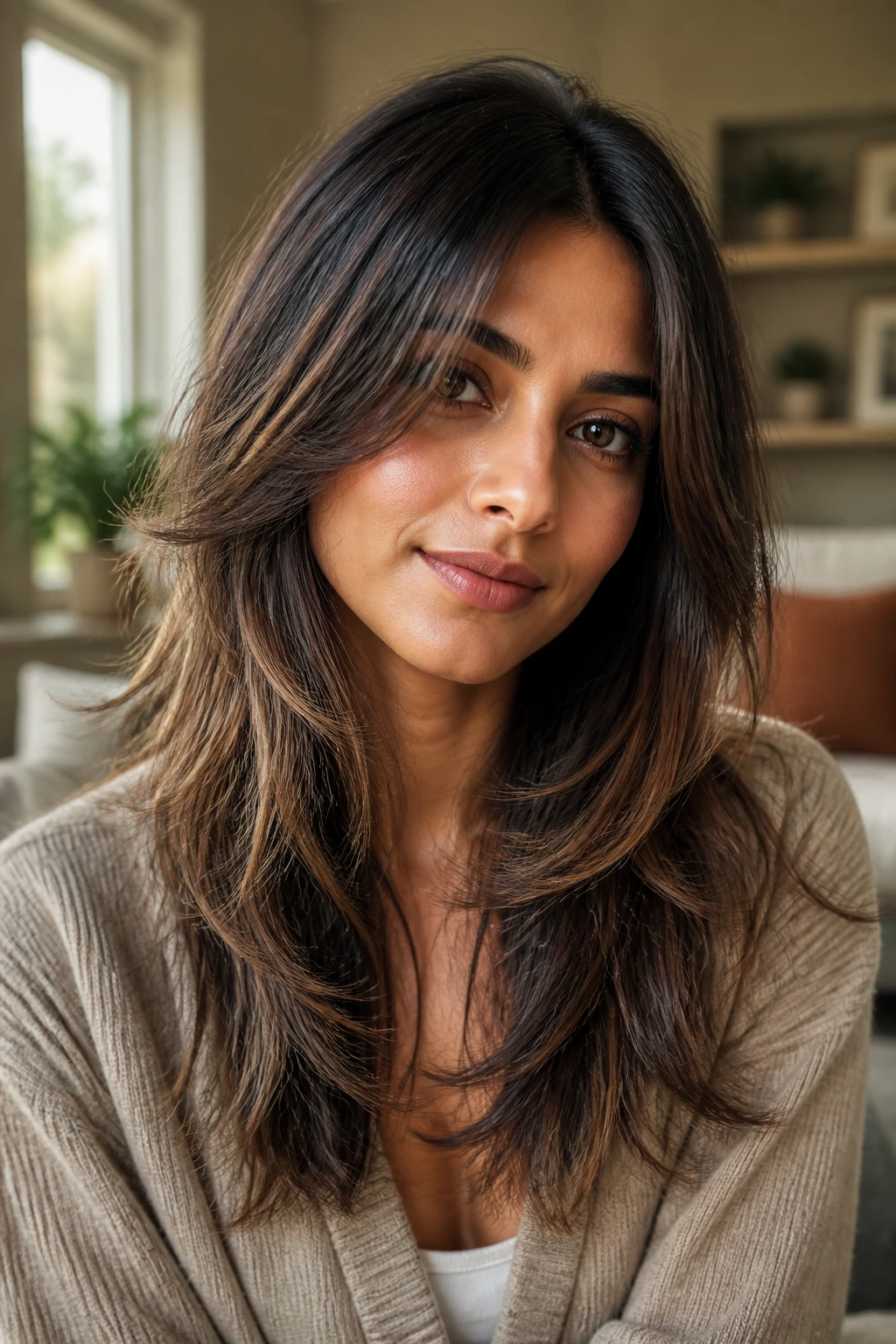 Close-up portrait of a real person with razor-cut feathered ends for soft movement