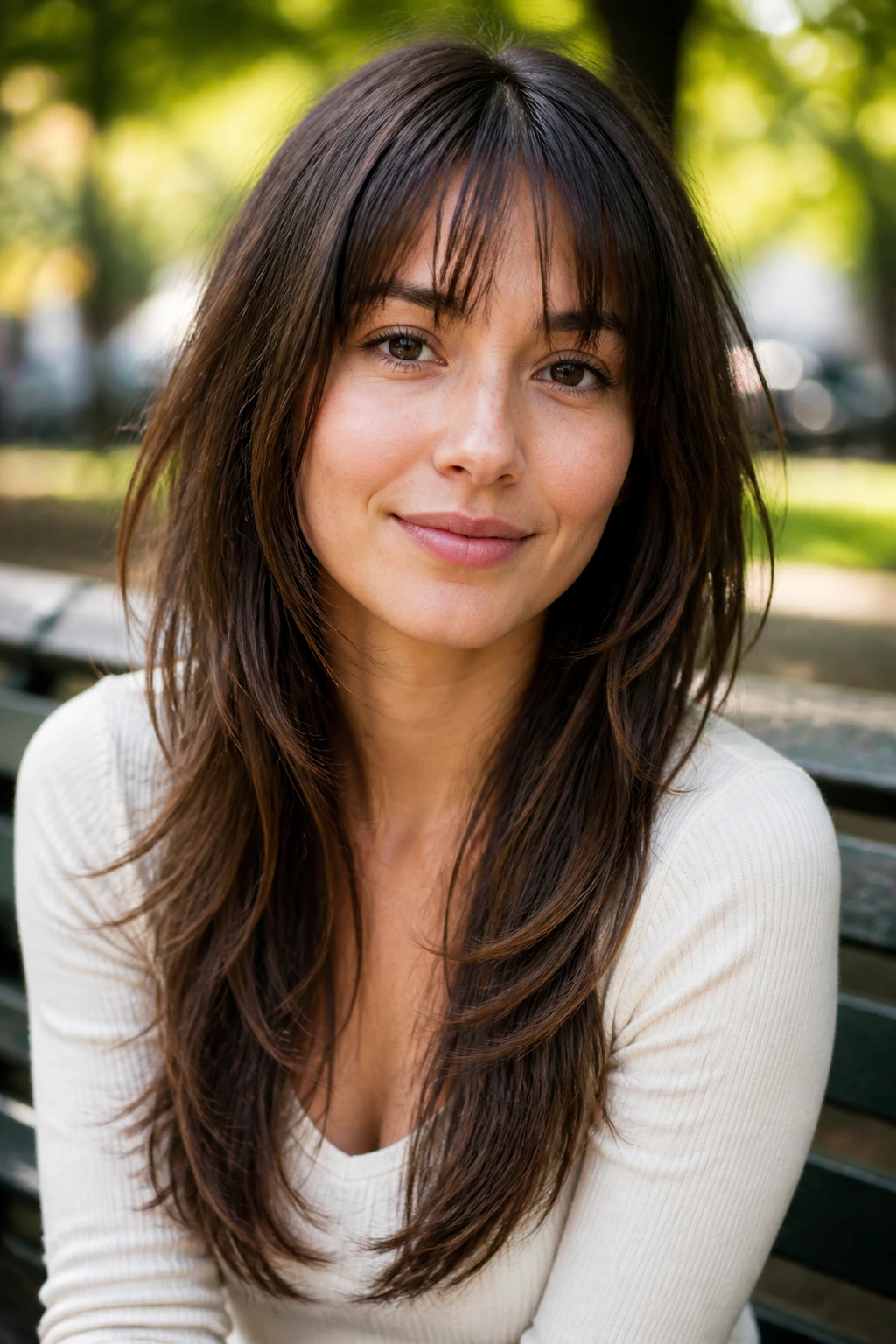 Real woman with razor-cut ends and wispy bangs close-up.