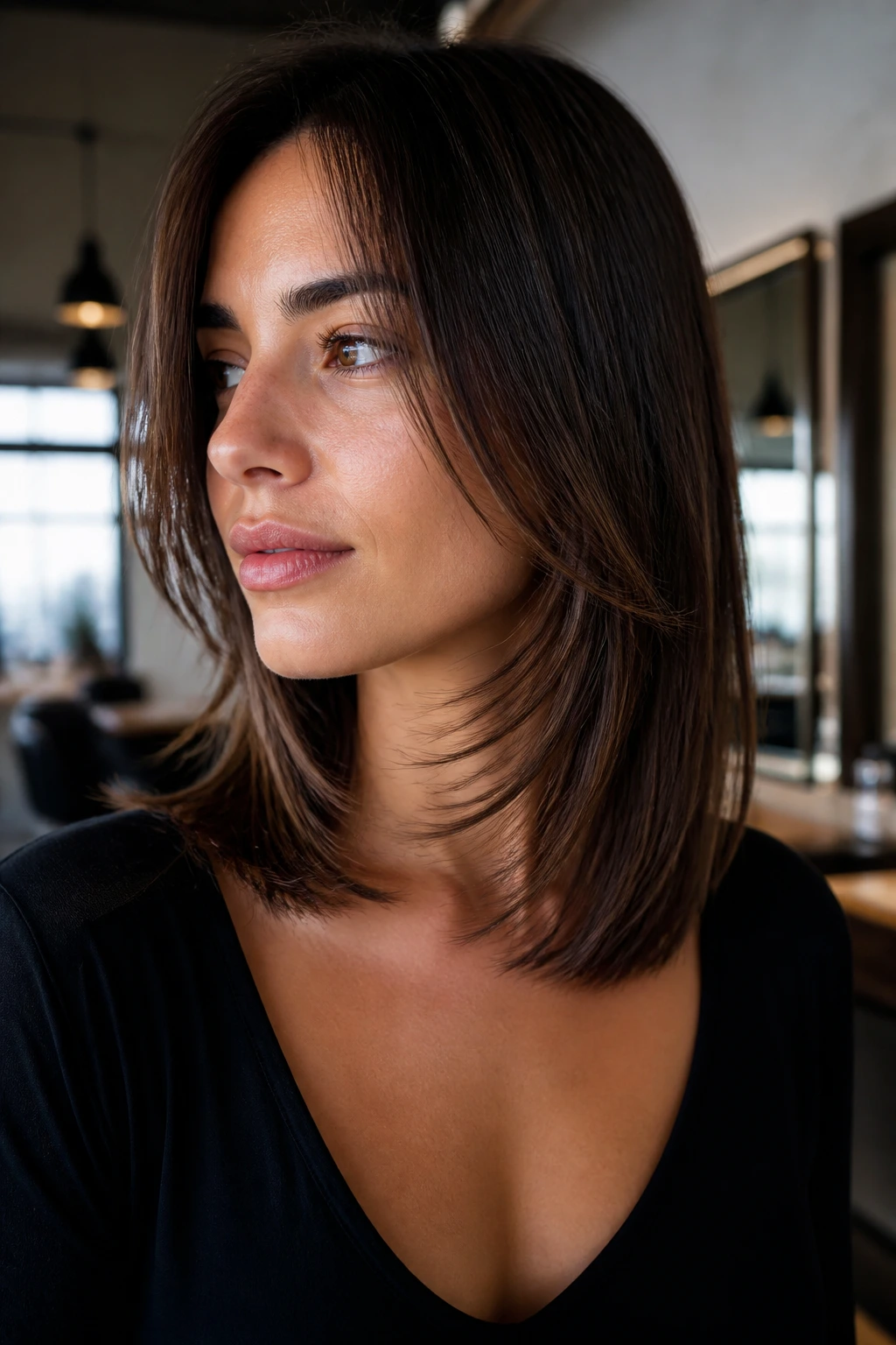 Close-up portrait of a real woman with razor-cut face-frame starting at the mouth