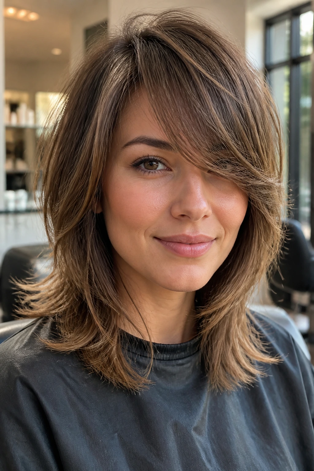 Close-up of a real woman with a feathered razor-cut hairstyle and side-swept bangs