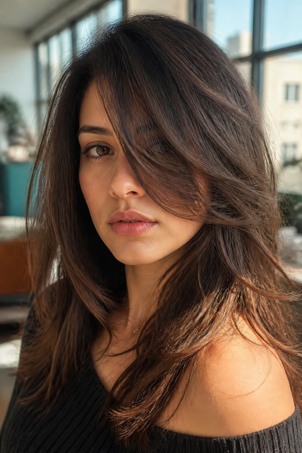 Portrait of a woman with razor-soft framed front layers.